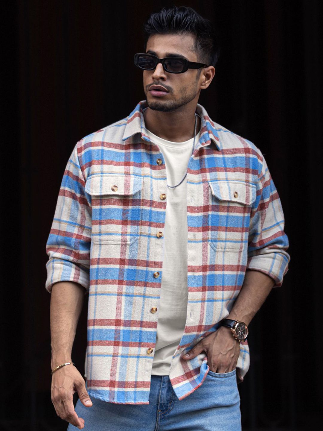 Powerlook Men Spread Collar Tartan Checked Cotton Casual Shirt