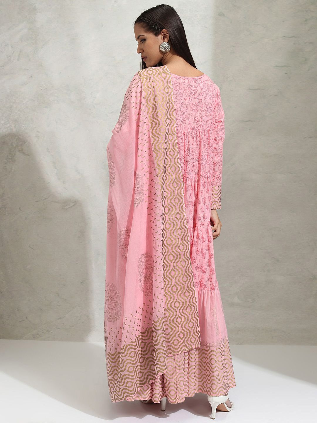 Vishudh Ethnic Motif A-line Tiered Maxi Dress With Dupatta