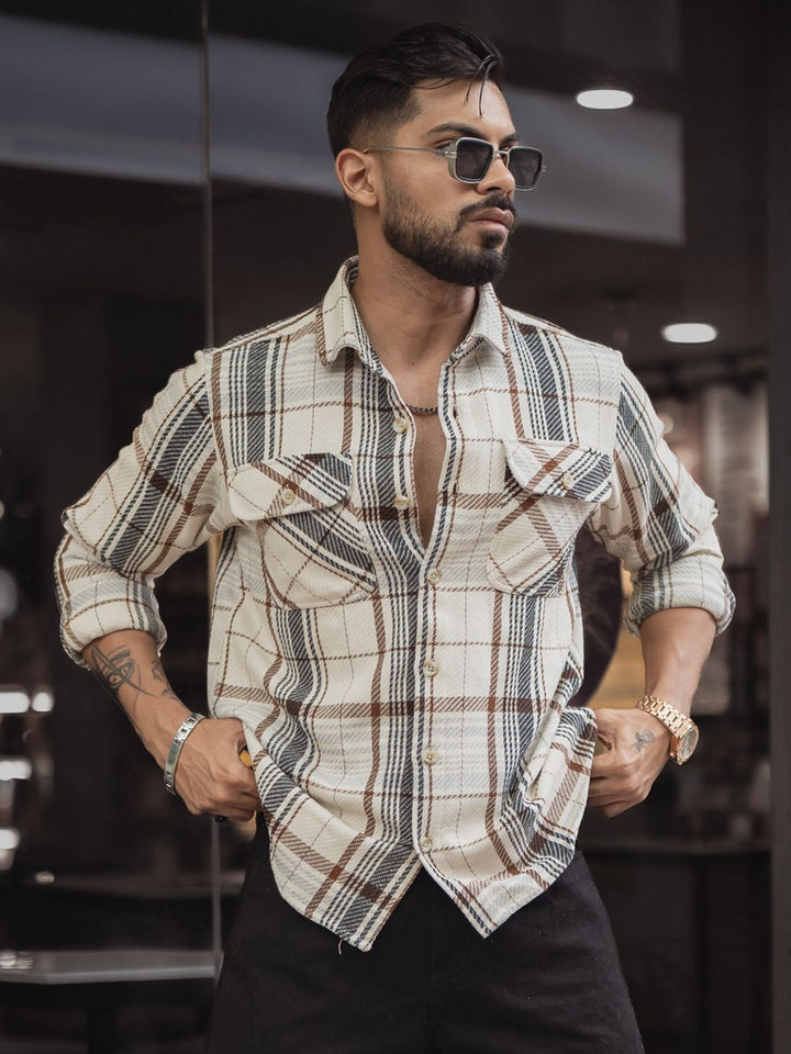 Powerlook Men Spread Collar Tartan Checked Cotton Casual Shirt