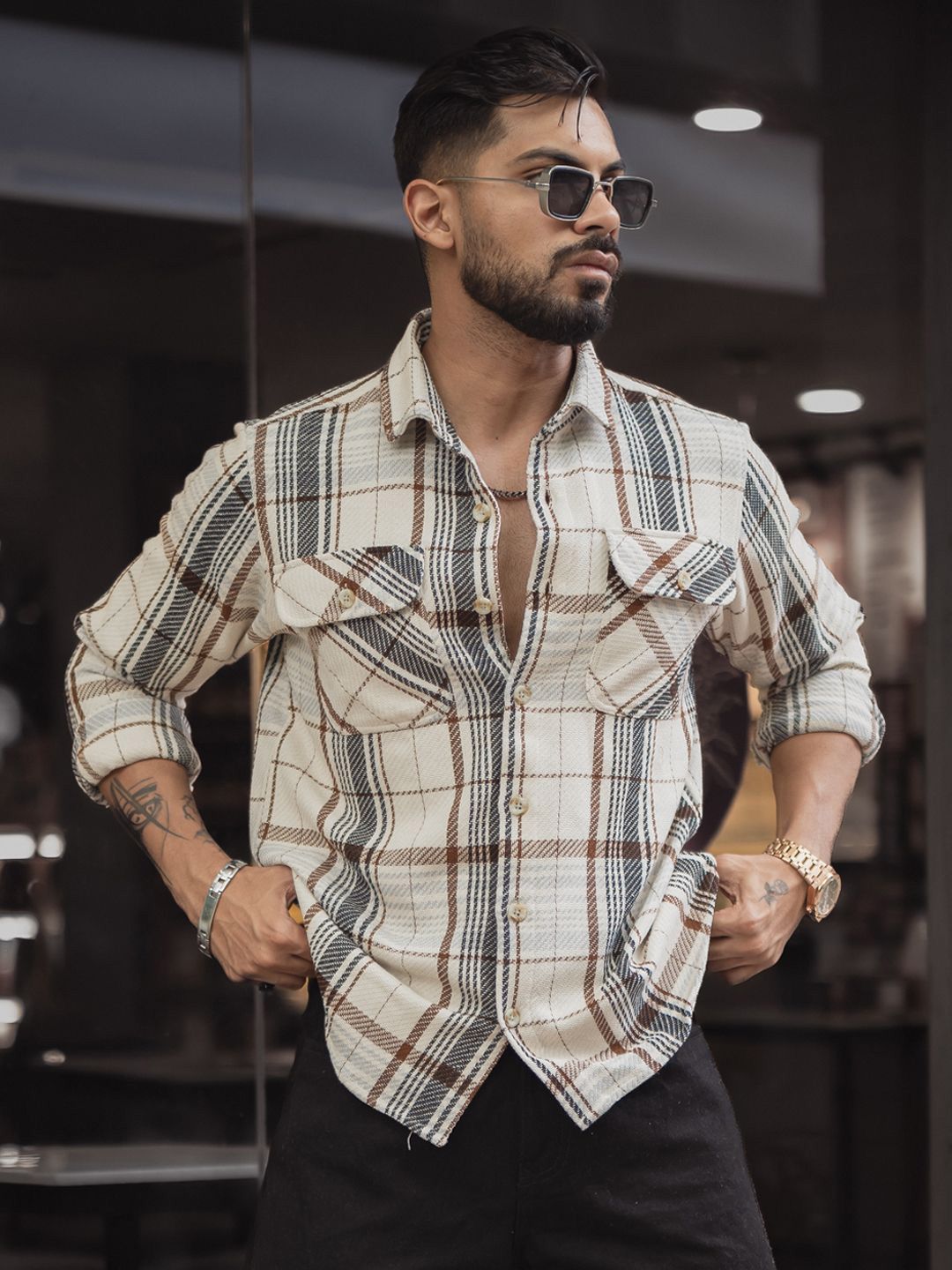 Powerlook Men Spread Collar Tartan Checked Cotton Casual Shirt