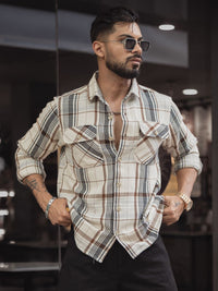 Powerlook Men Spread Collar Tartan Checked Cotton Casual Shirt