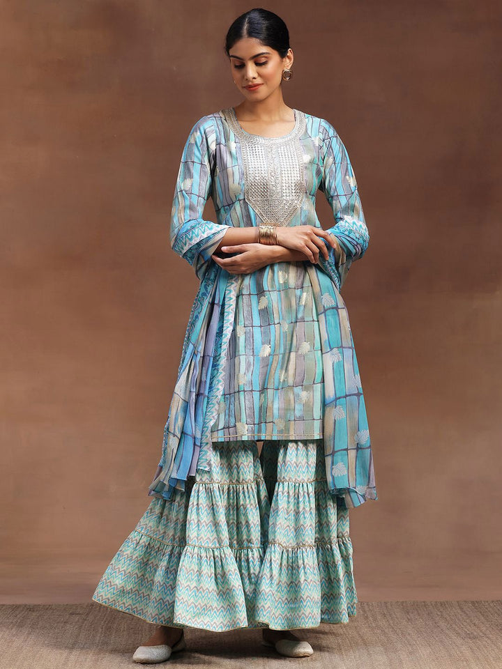 Libas Geometric Printed Sequinned Straight Kurta With Sharara & Dupatta