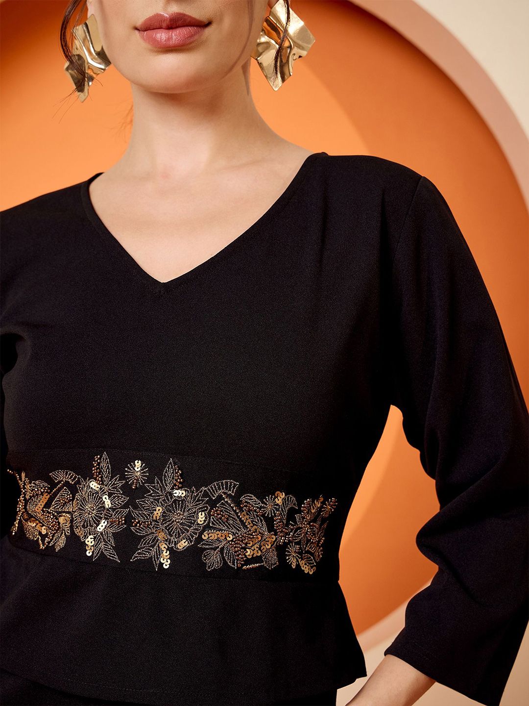 Antheaa woven Sequined Embellished V-neck Peplum  Dress