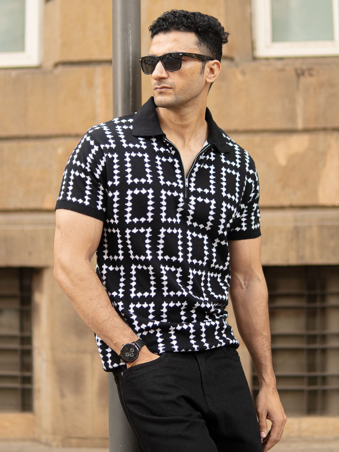 Powerlook SS25 Geometric Knit Polo Collar Pure Cotton T-Shirt