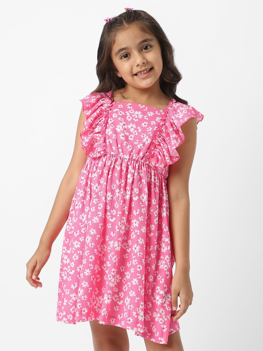 Nauti Nati  Girls' Textured Knit Ruffle Sleeves Floral Frock