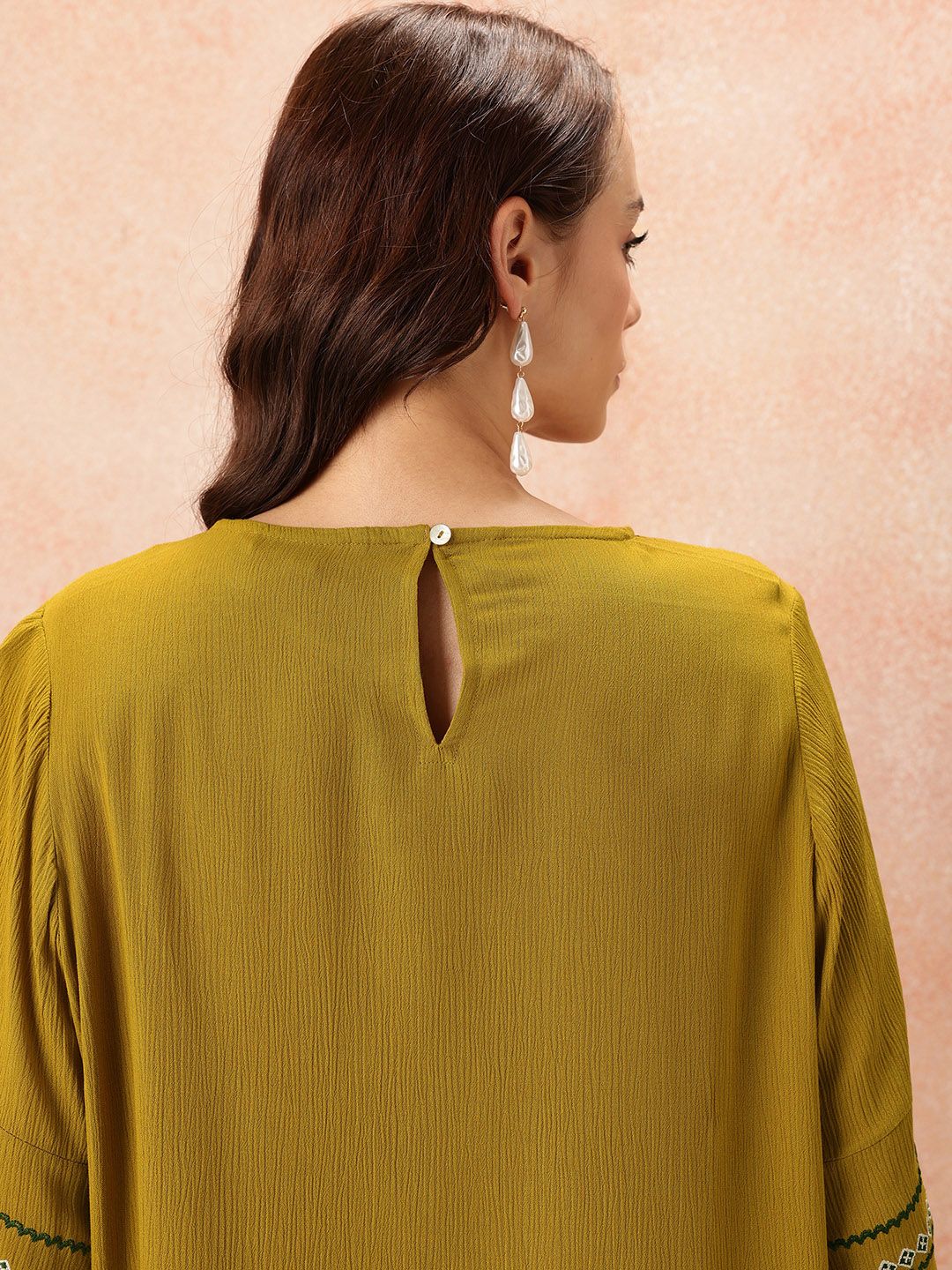 all about you Embroidered Flared Sleeve Crinkle Top