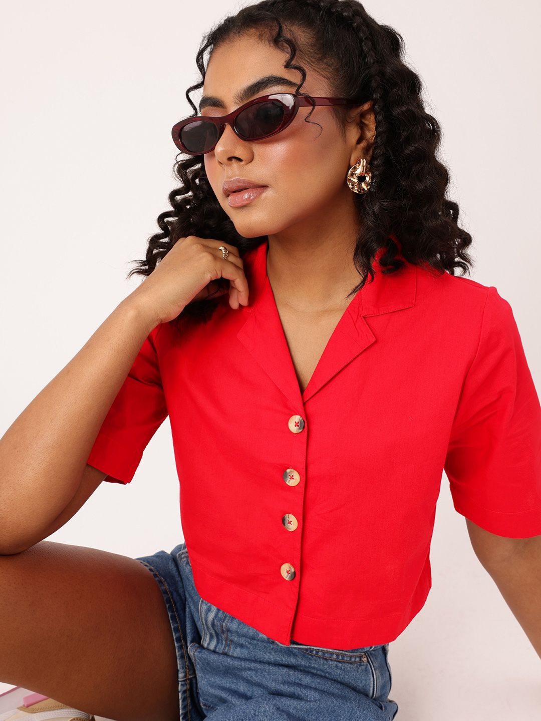 DressBerry Cherry Red Comfort Chic Crop Shirt