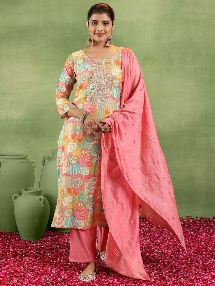 Libas Floral Embroidered Mirror Work Straight Kurta With Trousers & Dupatta