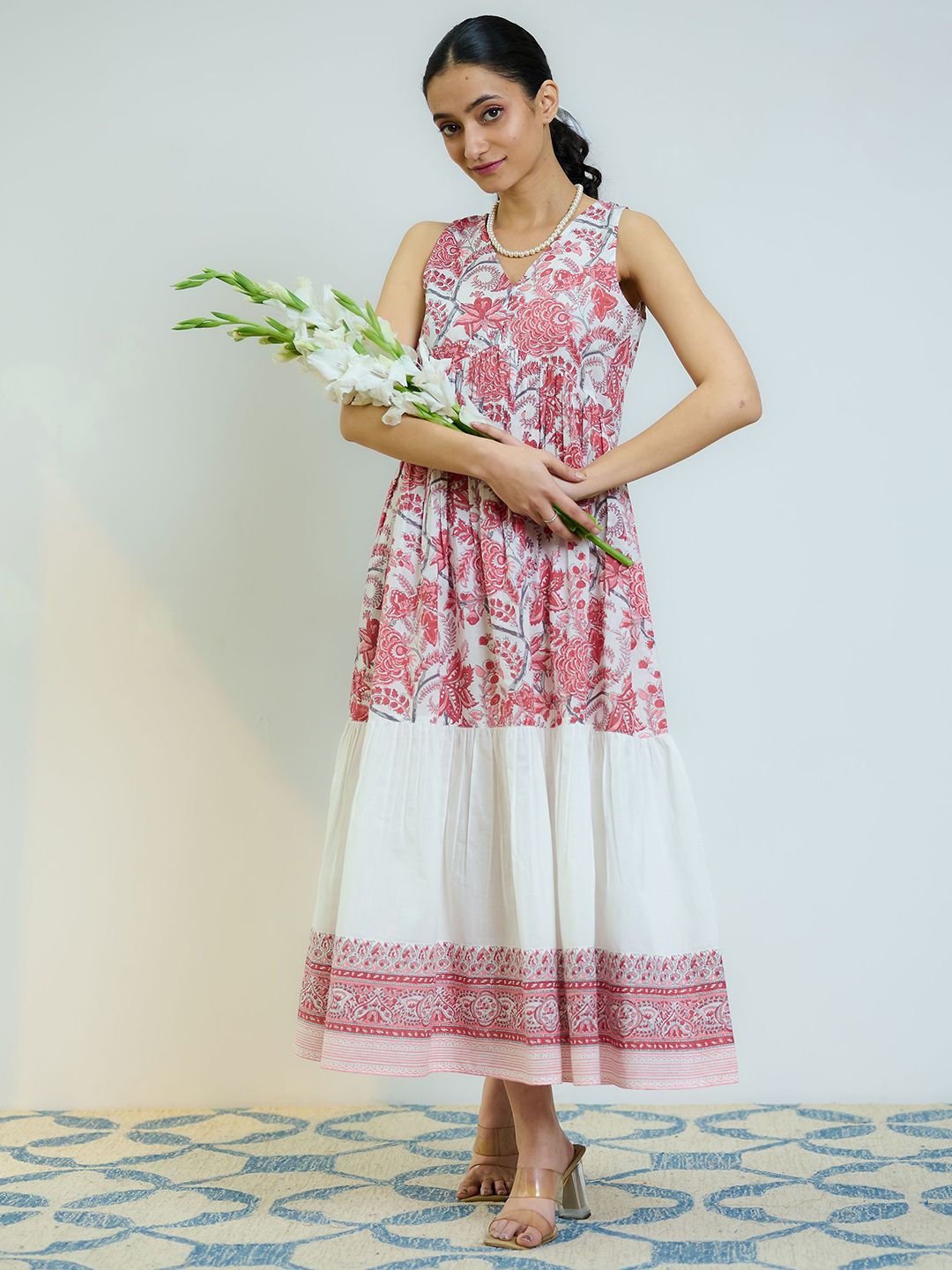 Rustorange Women Peach Red Sanganeri Printed Cotton Tier Dress