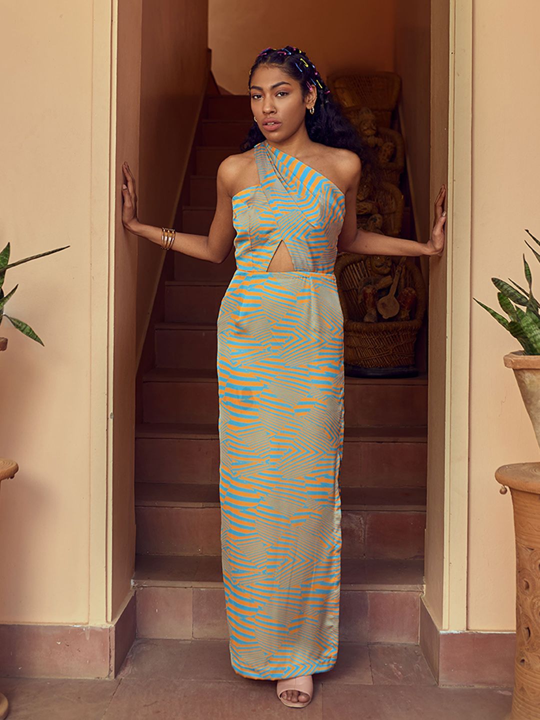 Mamicha Print One Shoulder Georgette A-Line Midi Dress