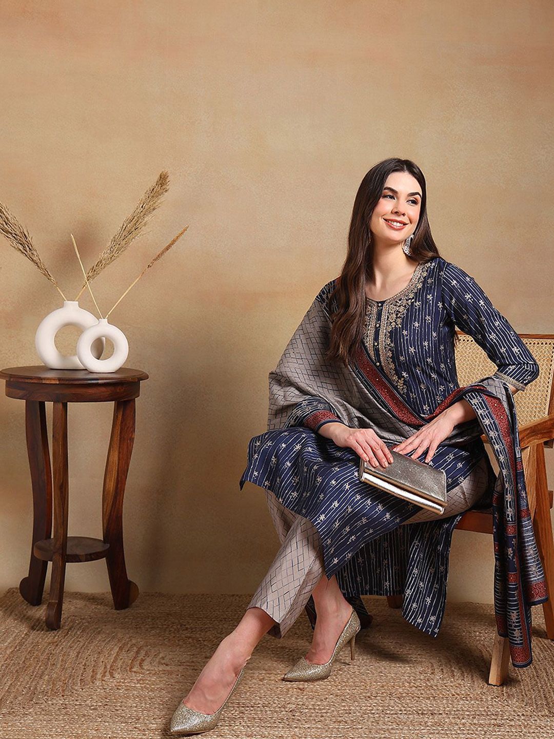 KALINI Floral Embroidered Zari Straight Silk Blend Kurta With Trousers & Dupatta