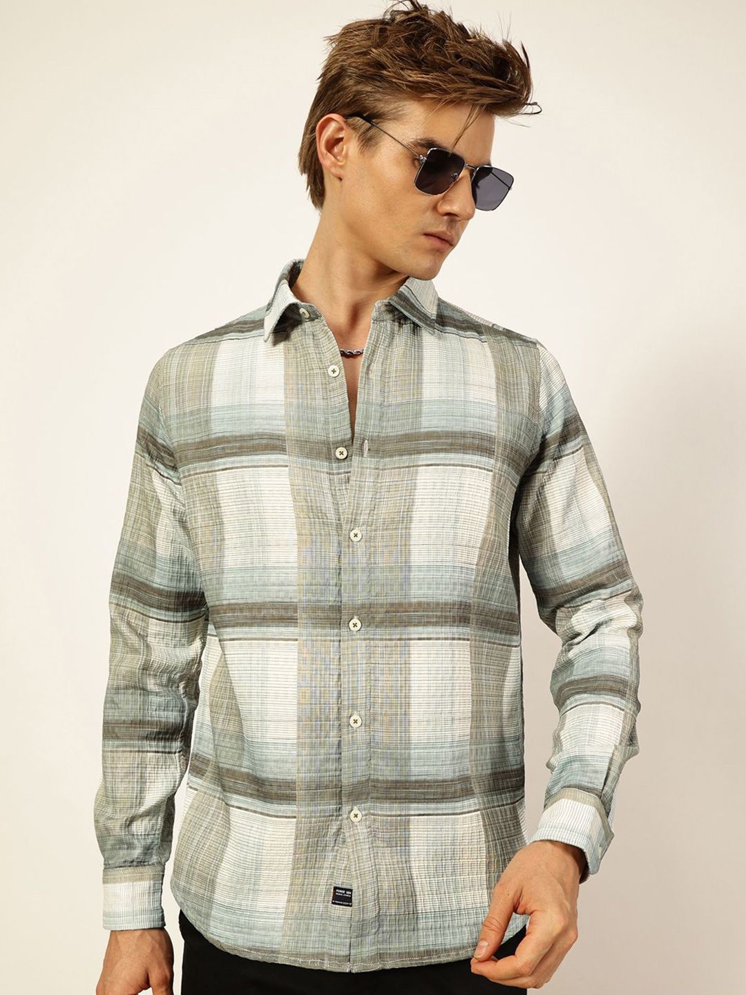 Thomas Scott Men Premium Slim Fit Tartan Checks Opaque Checked Casual Shirt