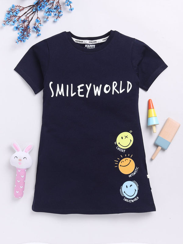 Happy Faces Kids Girls Typography Printed Pure Cotton Longline T-Shirt