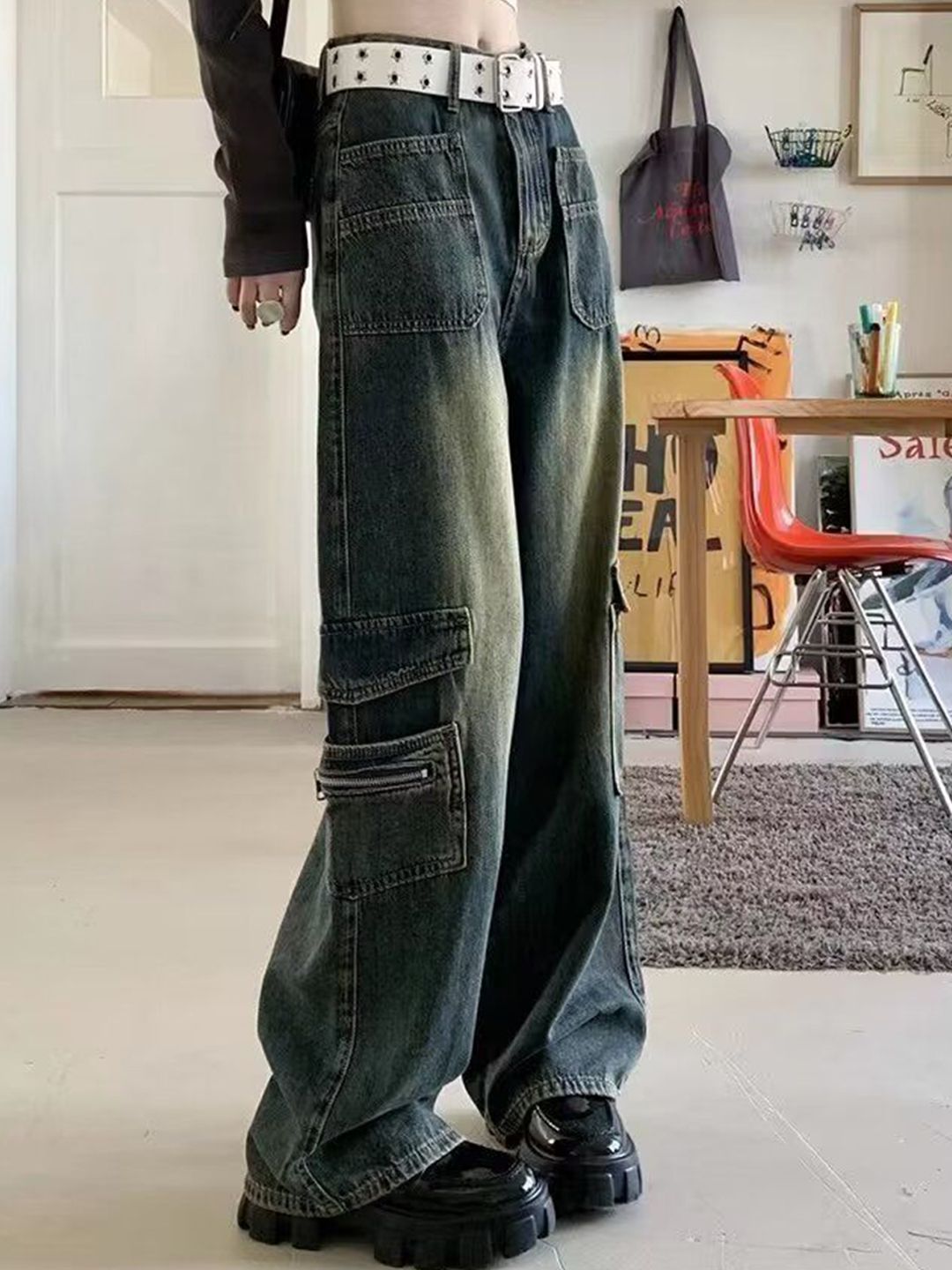 DressBerry Women Wide Leg High-Rise Light Fade Cotton Jeans