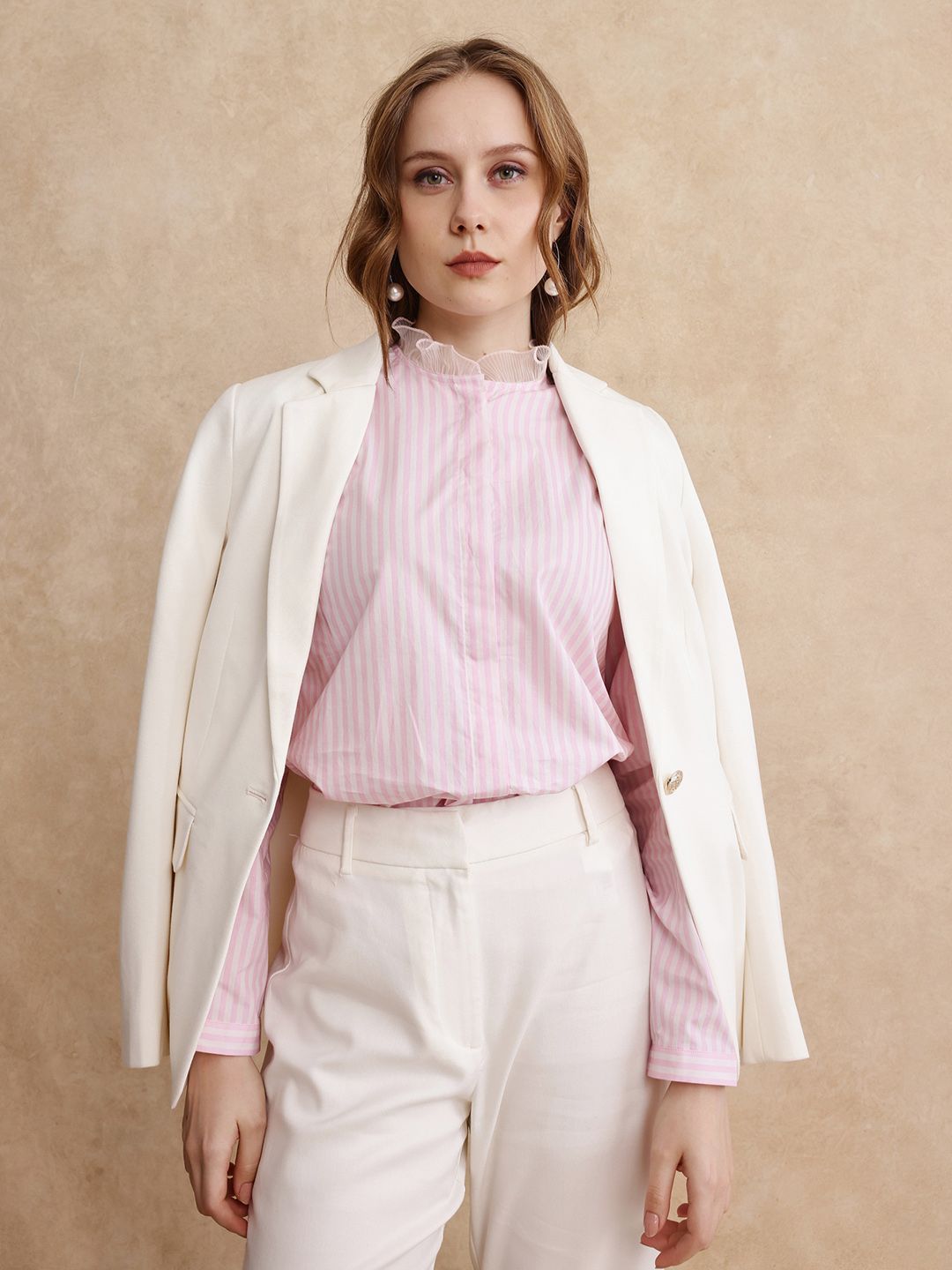 RAREISM Women Comfort Mandarin Collar Vertical Striped Cotton Casual Shirt