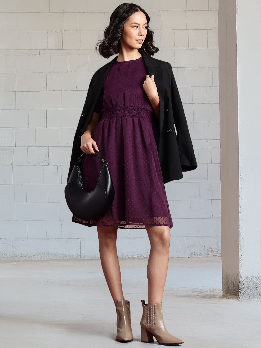 all about you Dobby Detail Smocked Fit & Flare Dress