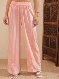 Vishudh Peach-Coloured Floral Embroidered Thread Work Straight Kurta With Palazzos