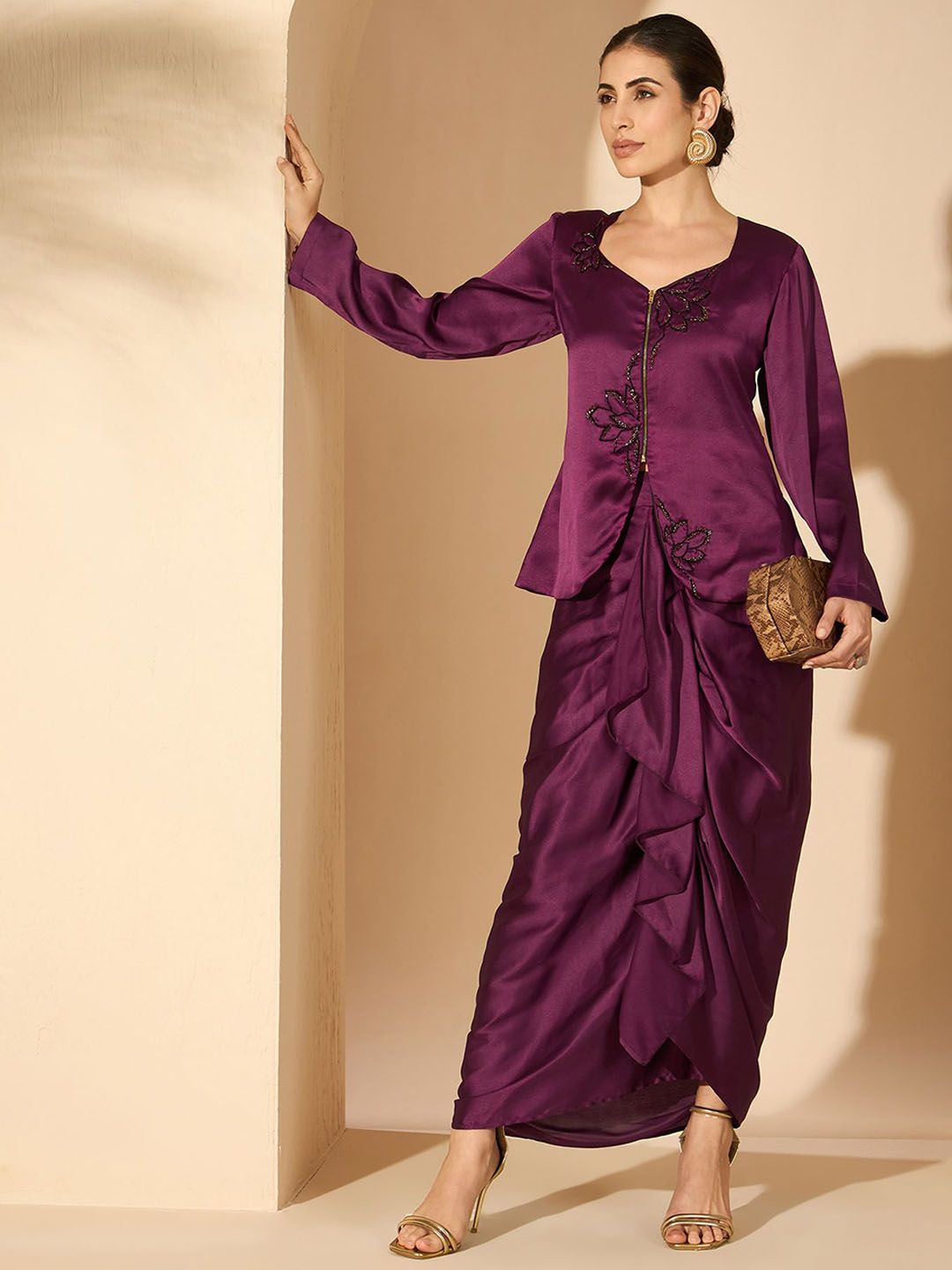 Antheaa 100% Satin Embellished Square Neck Top with Skirt