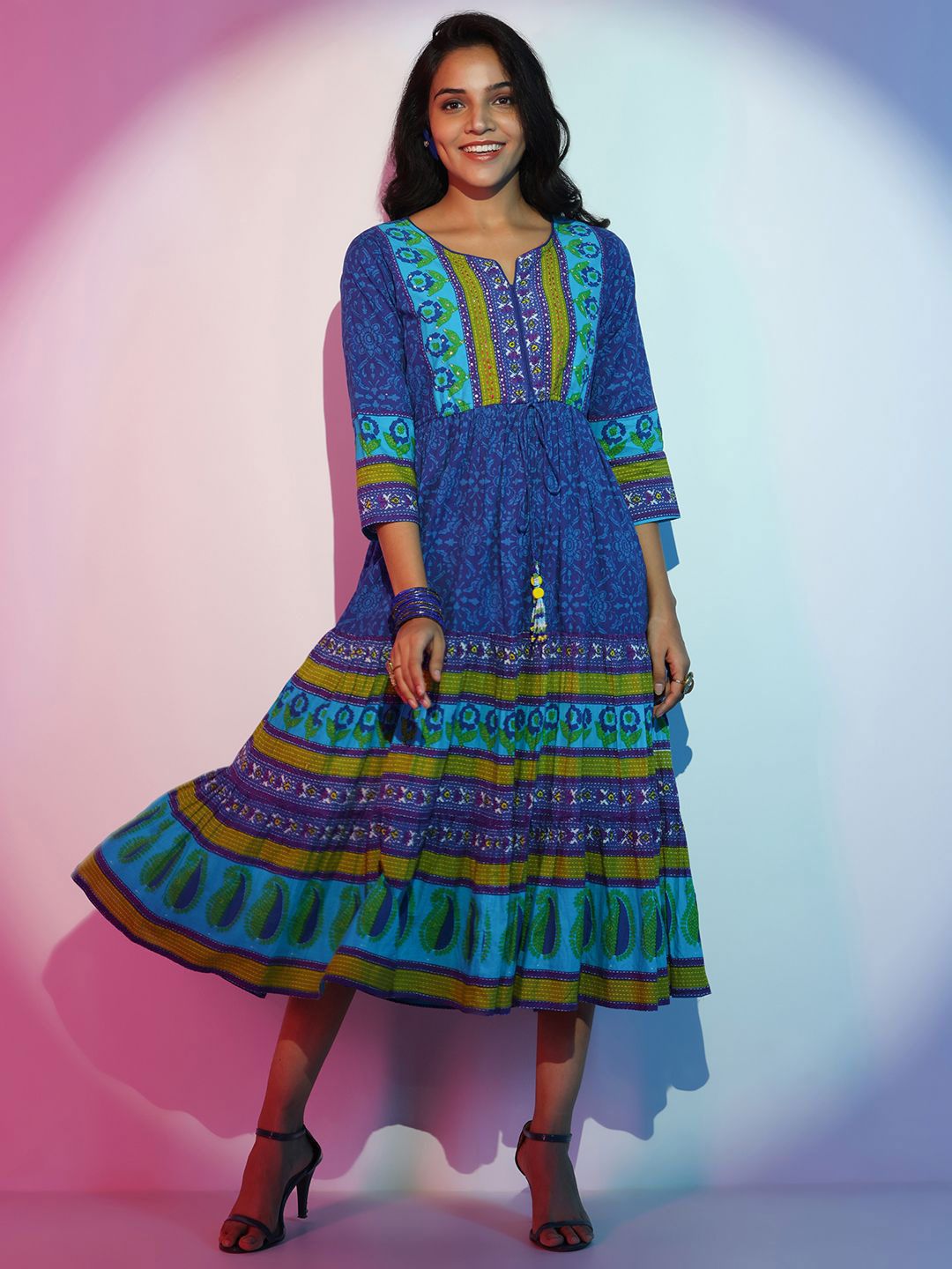 Libas Printed Layered Fit & Flare Midi Dress