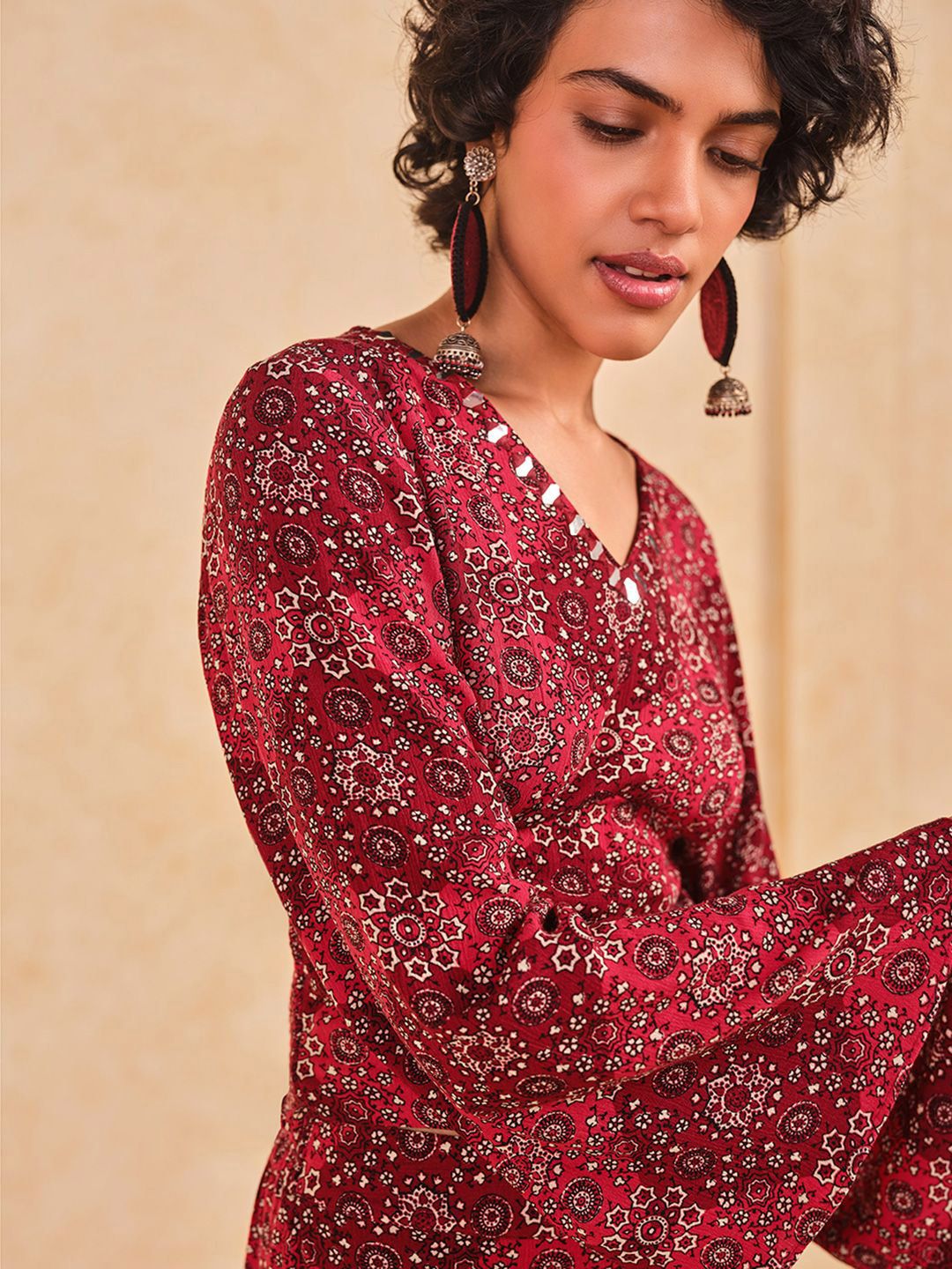 Global Desi Printed V-Neck Top With Palazzo