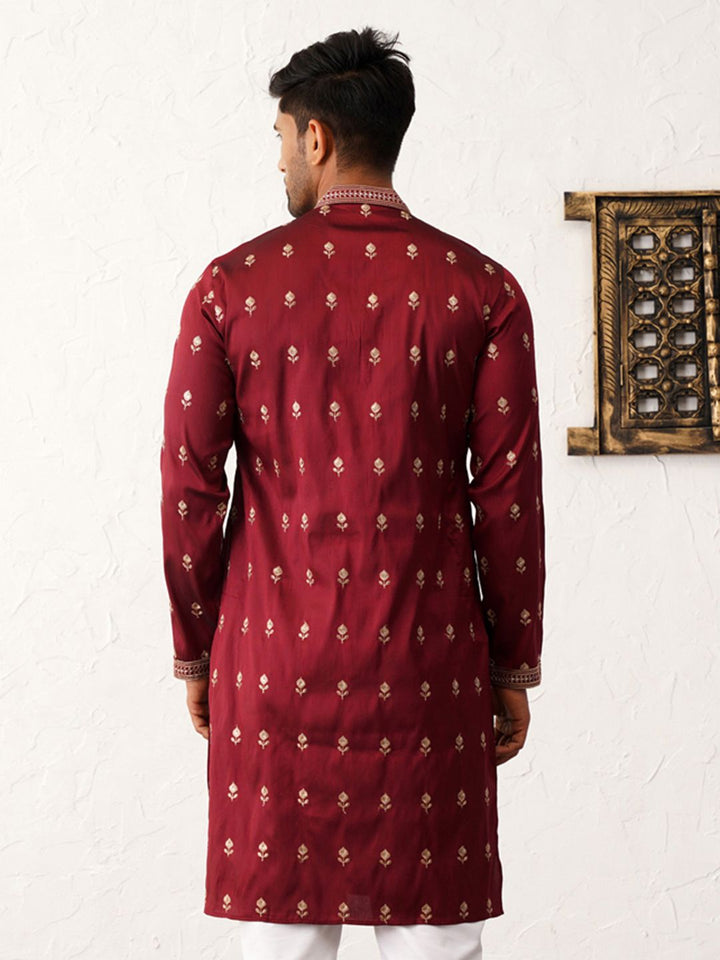 Jompers Floral Embroidered Mandarin Collar Chikankari Cotton & Silk Straight Kurta