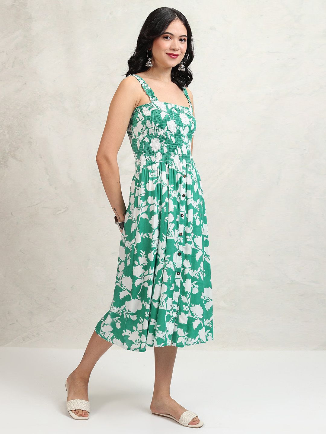 Vishudh Floral Print A-Line Midi Dress
