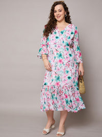 SASSAFRAS Curve Floral Print Flared Sleeve Georgette Midi Dress