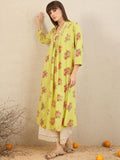 Indo Era Yellow Floral Embroidered V-Neck Zari Panelled A-Line Kurta