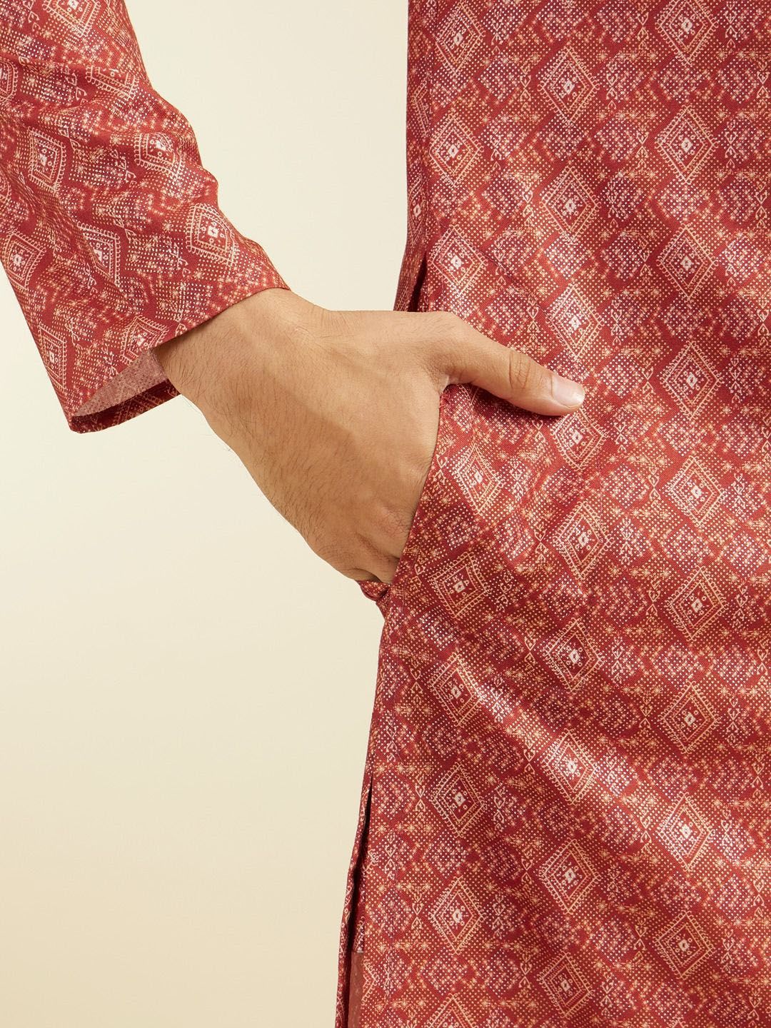 Diwas by Manyavar Geometric Printed Mandarin Collar Cotton Straight Kurta