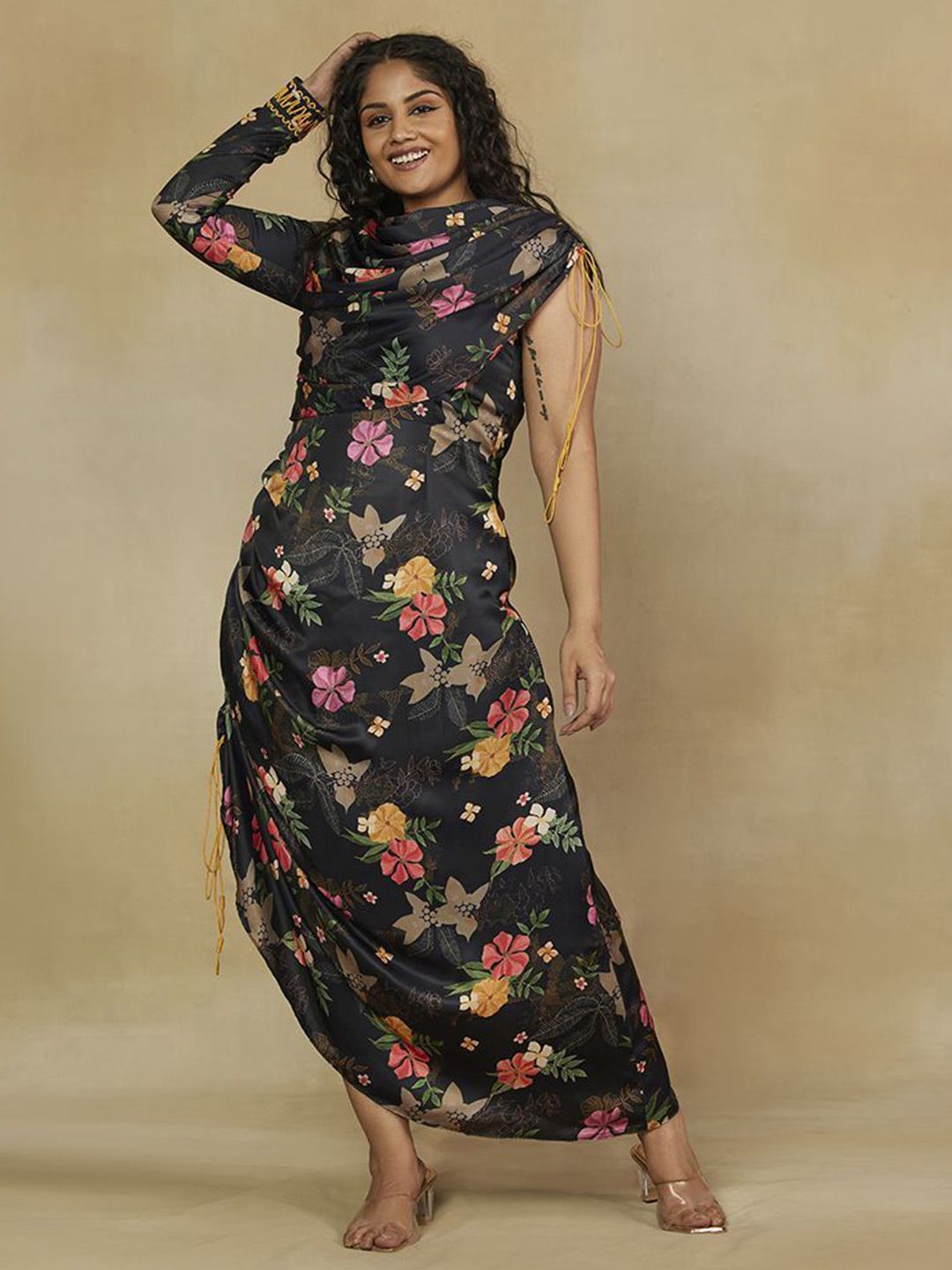 Mamicha Women Floral Print Round Neck Satin Maxi Dress