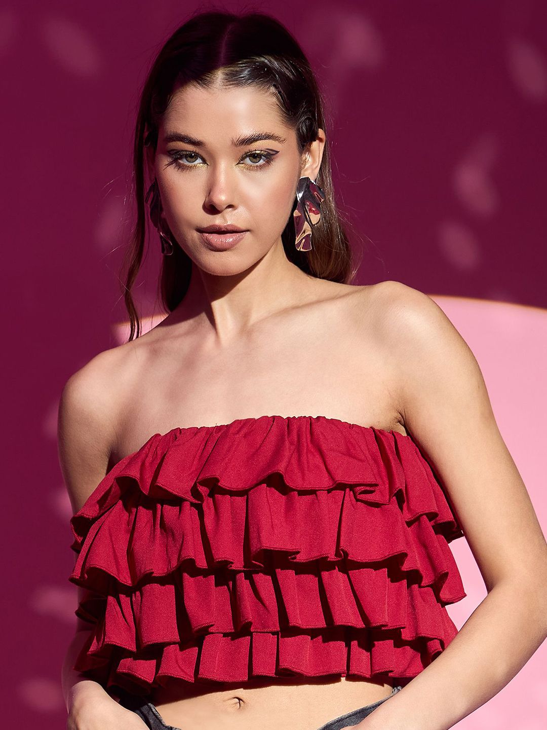 Berrylush Women Ruffles Tube Crop Top