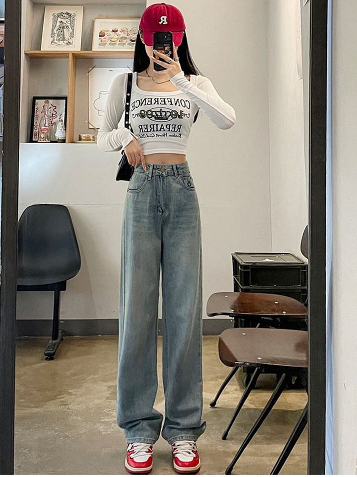 DressBerry Women Straight Fit Wide Leg High-Rise Light Fade Jeans