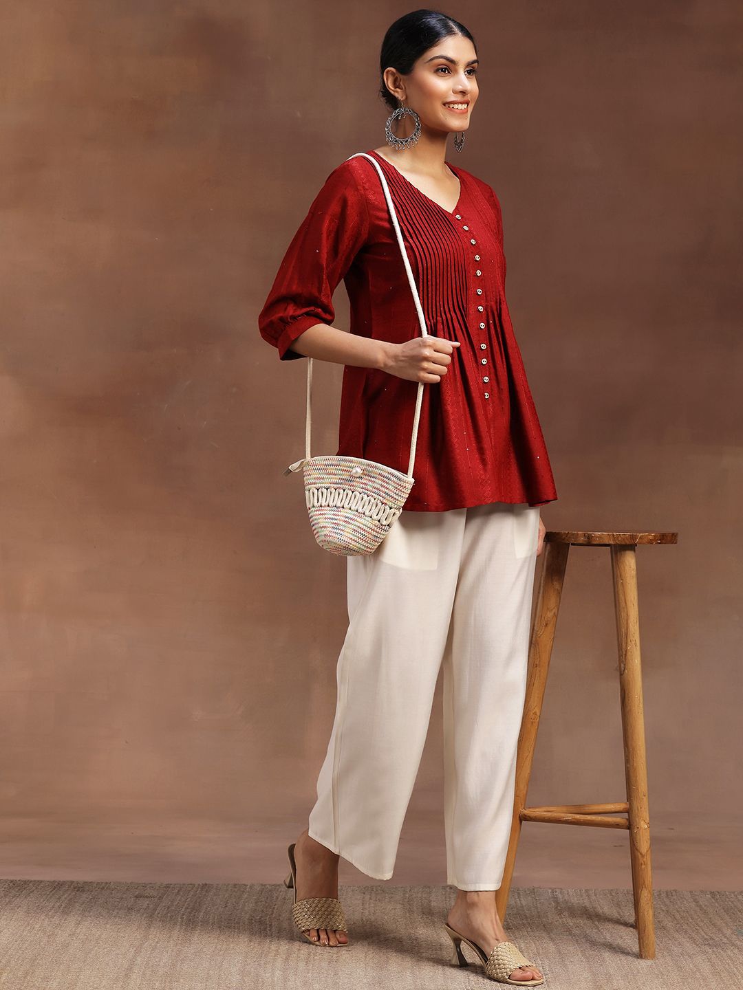 Libas Woven Design V-Neck Pleated Kurti