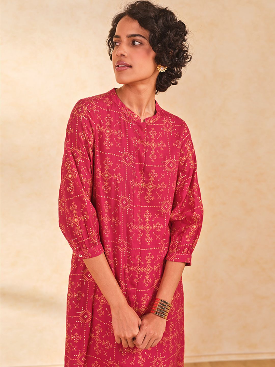 Global Desi Bandhani Printed Mandarin Collar Straight Kurta with Palazzo