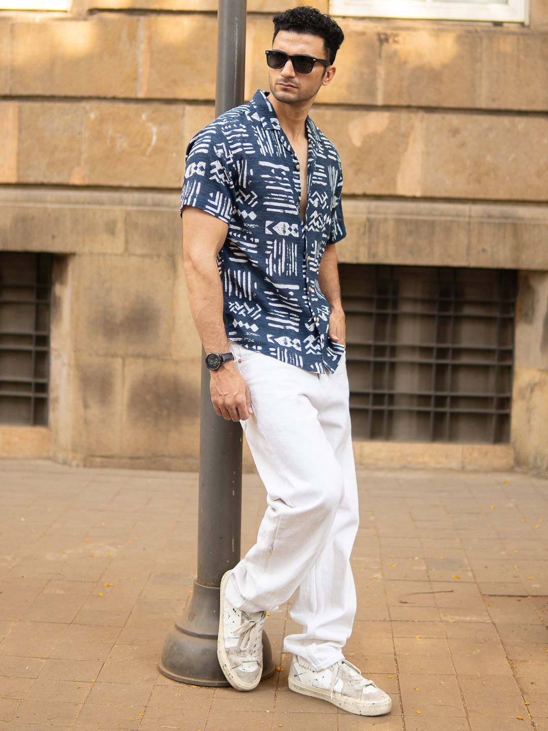 Powerlook Abstract Aztec Printed Cuban Collar Cotton Shirt