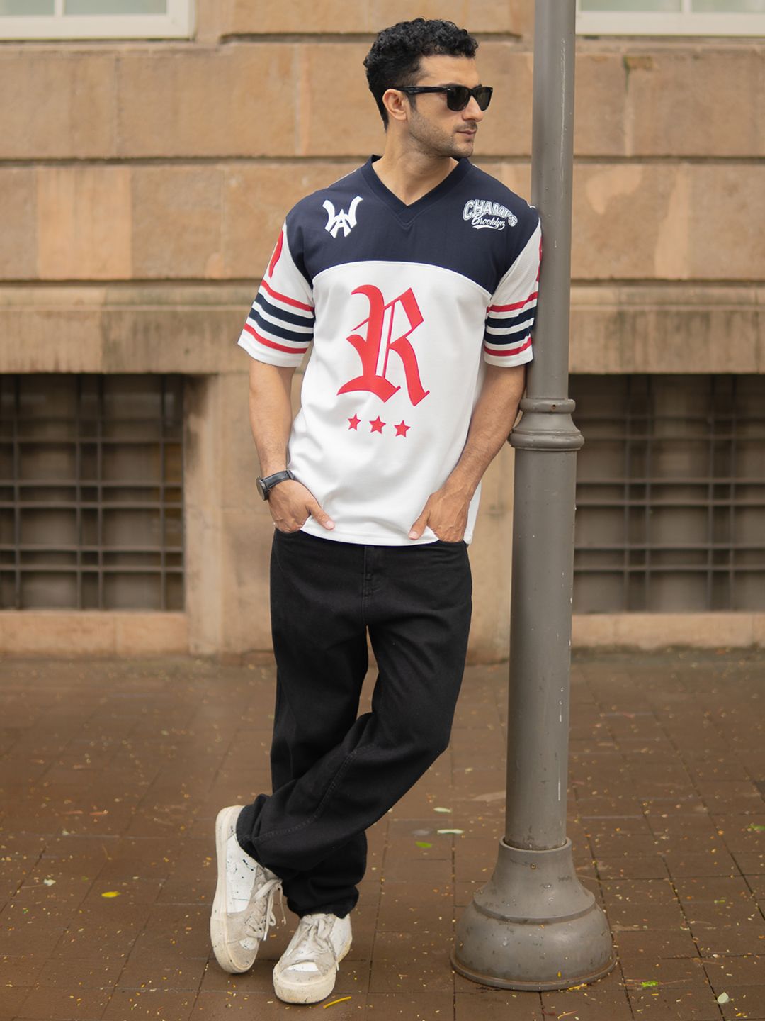 Powerlook Men Typography Printed V-Neck Drop-Shoulder Sleeves T-shirt