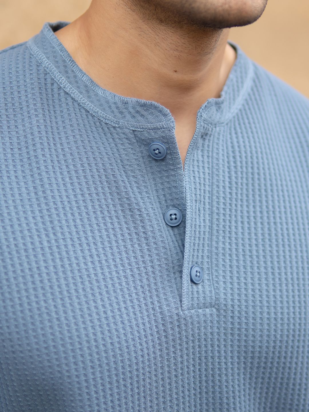 Powerlook SS25 Oversized Typography Printed Structure Knit Henley Neck T-Shirt