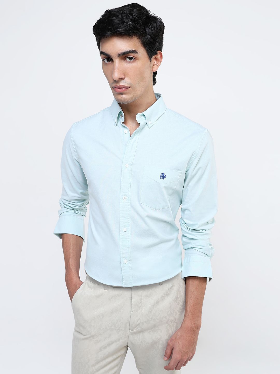 RARE RABBIT Men Comfort Button-Down Collar Solid Cotton Formal Shirt