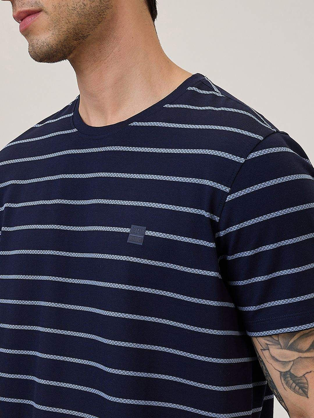 SPYKAR Men Striped Round Neck Cotton Slim Fit T-shirt
