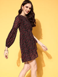 Berrylush Floral Print One Shoulder Bishop Sleeve Ruffled Georgette A-Line Dress