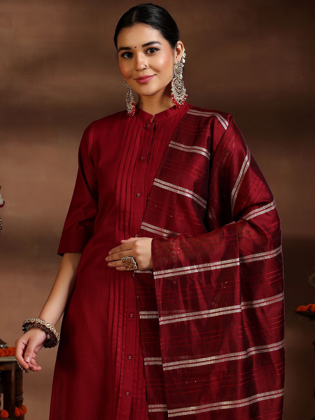 Libas Pleated Kurta with Trousers & Dupatta
