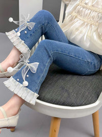 YK Girls Cotton Comfort Skinny Fit Mildly Distressed Light Fade Embellished Jeans