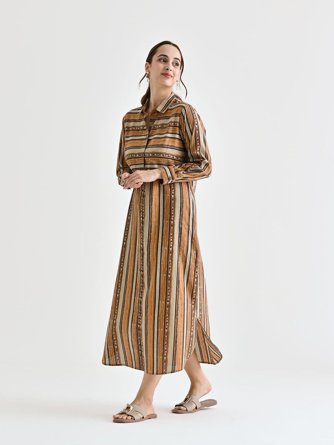 Rustorange Women Striped Cotton Shirt Collar Shirt Midi Dress