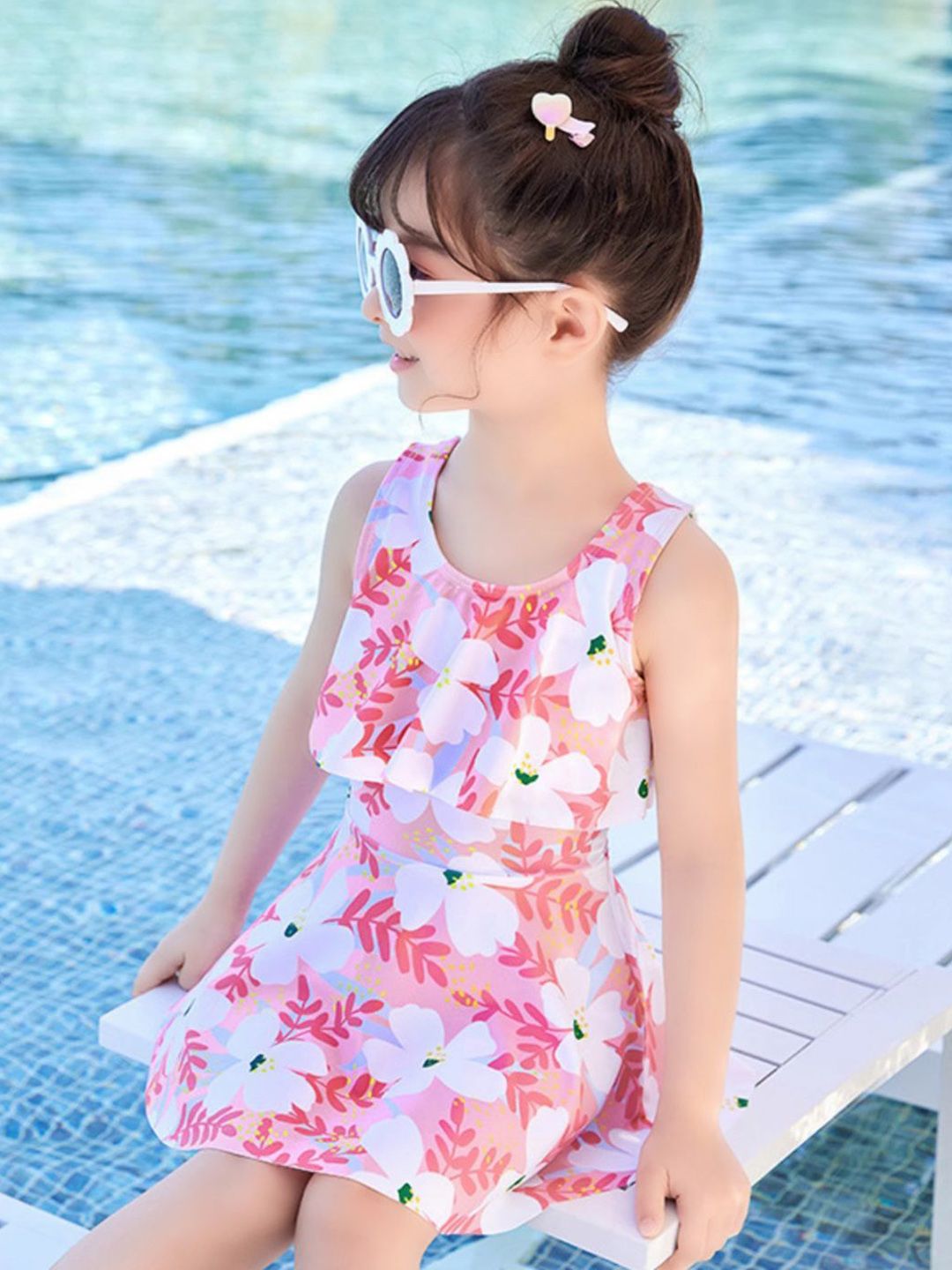 YK Girls Printed Round Neck Swim Dress