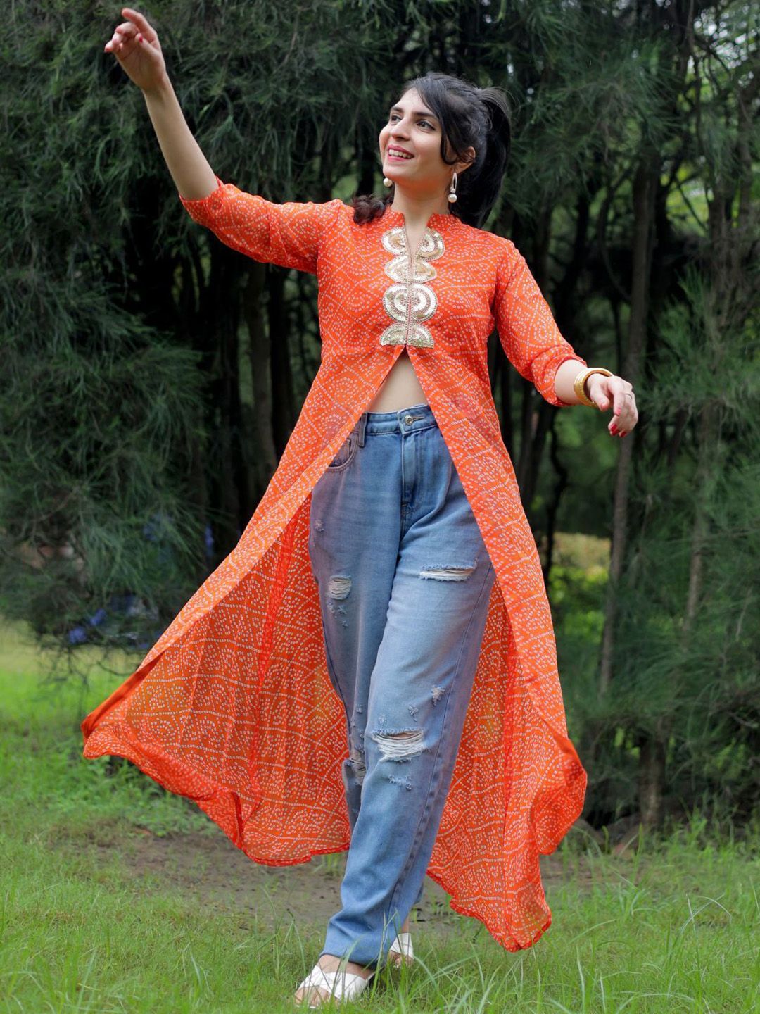 KALINI Georgette Mandarin Collar Bandhani Printed Embroidery A Line Kurta