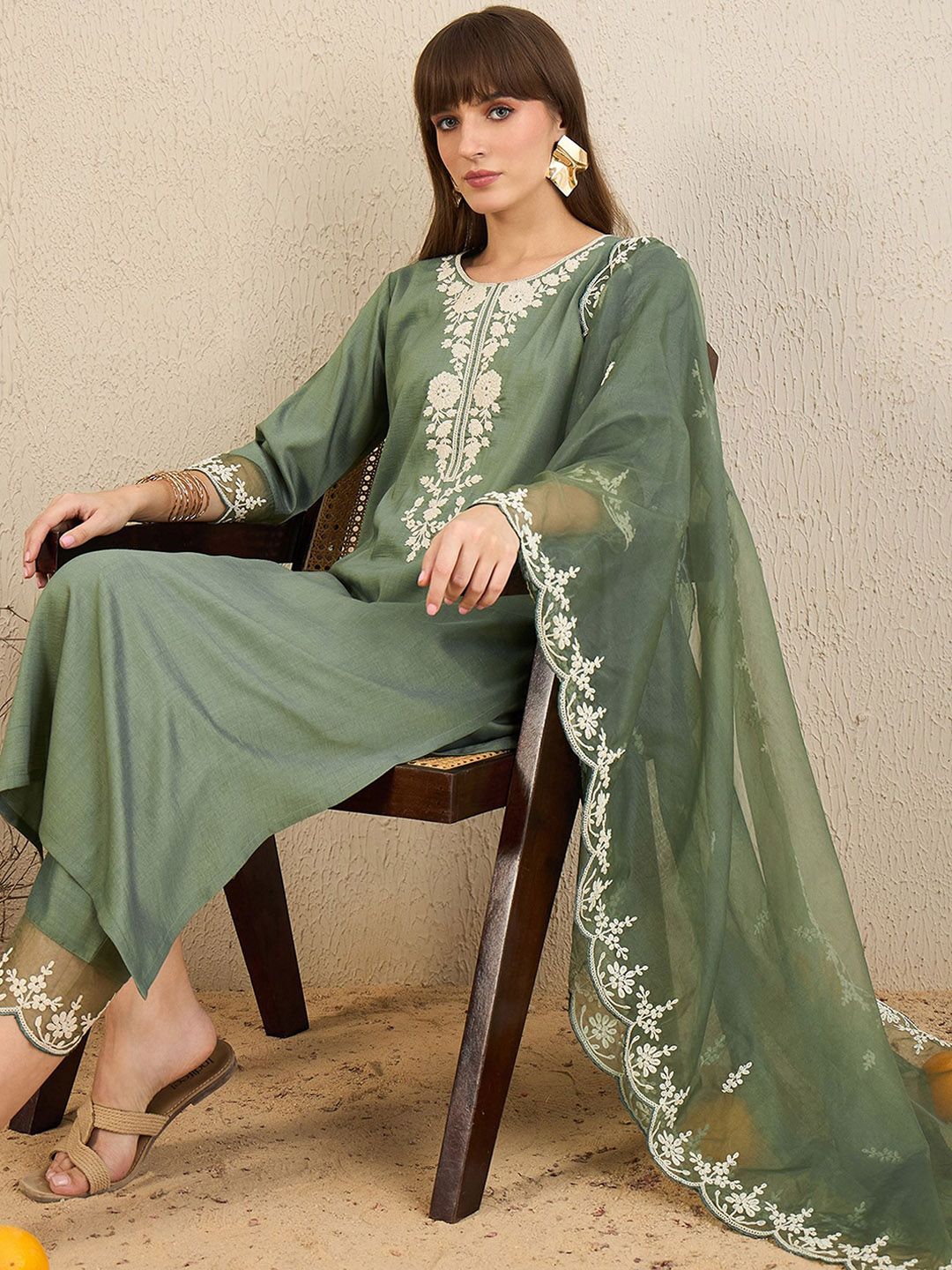 Indo Era Floral Embroidered Straight Kurta With Trousers & Dupatta