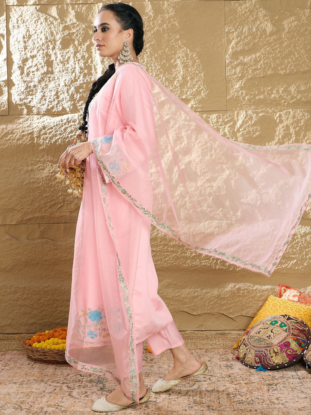 Indo Era Women Floral Embroidered Regular Thread Work Kurta with Trousers & With Dupatta