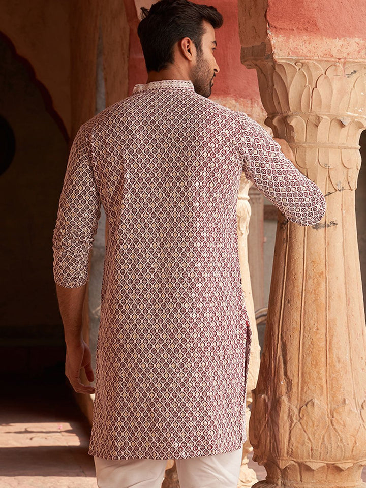Jompers Geometric Embroidered Chikankari Mandarin Collar Pure Cotton Straight Kurta