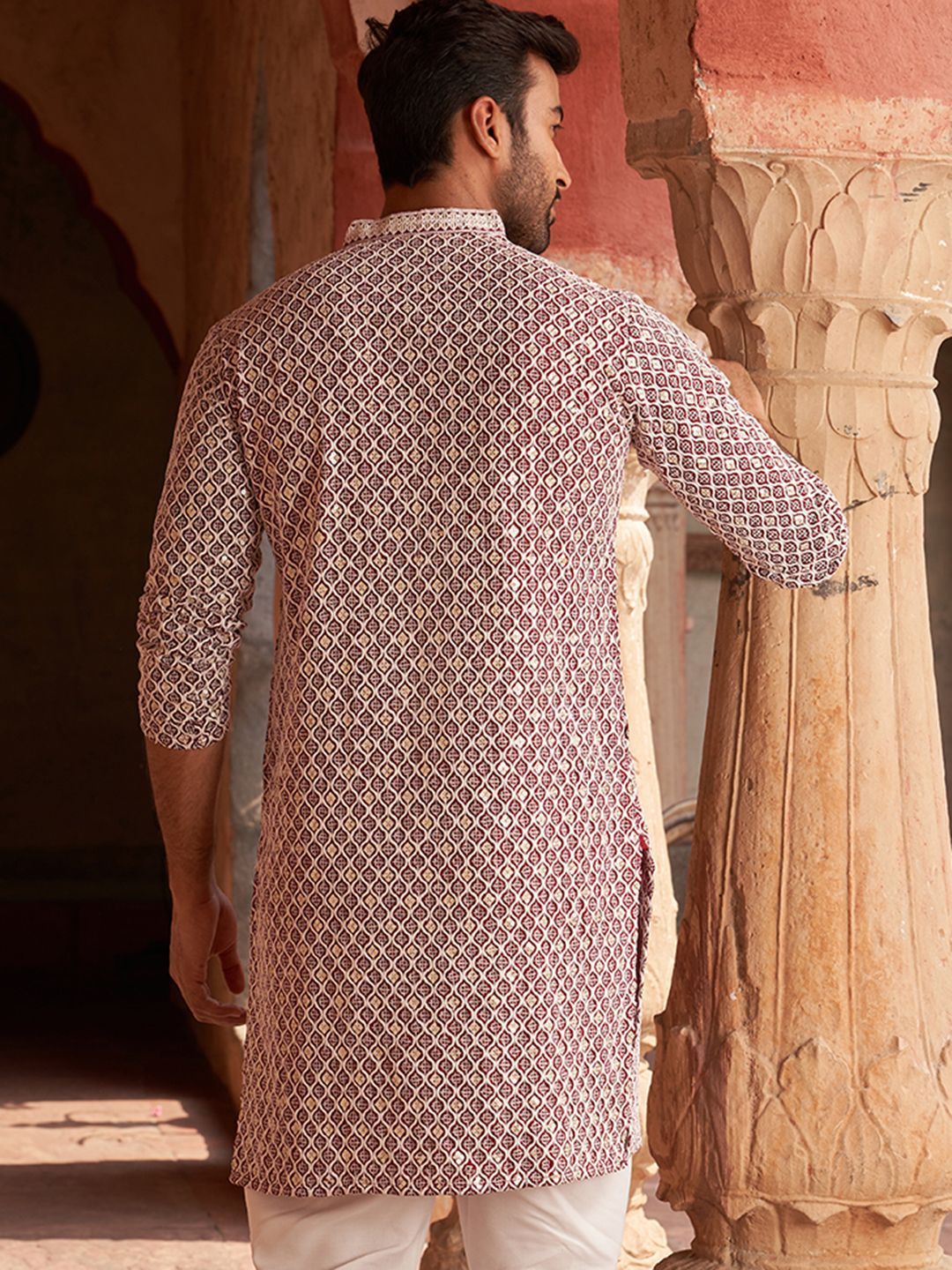 Jompers Geometric Embroidered Chikankari Mandarin Collar Pure Cotton Straight Kurta