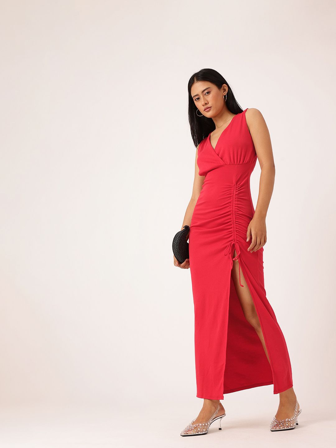 DressBerry Cherry Red Date Night Dream Ruched Maxi Dress